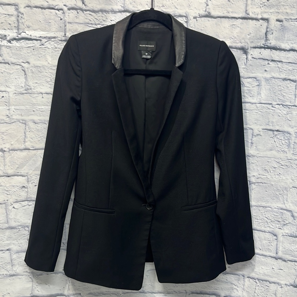 Club Monaco | Black Wool Blazer with Leather Collar Detail